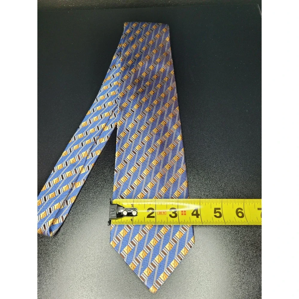 Ermenegildo Zegna Men's Necktie Blue Gold Geometric Silk 3.75x58 Excellent